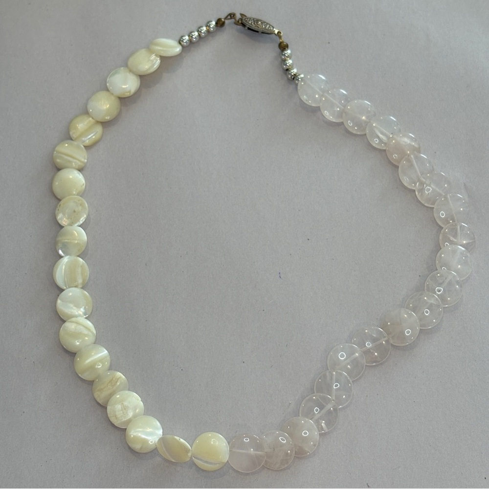 Vintage Mod Shell & Clear Bead Necklace – 18" Estate Jewelry